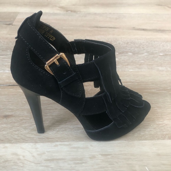 NEW N.Y.L.A ‘Kirby’ Black Suede Open Toe Fringe Bootie Heels, Size 6 - Picture 5 of 9
